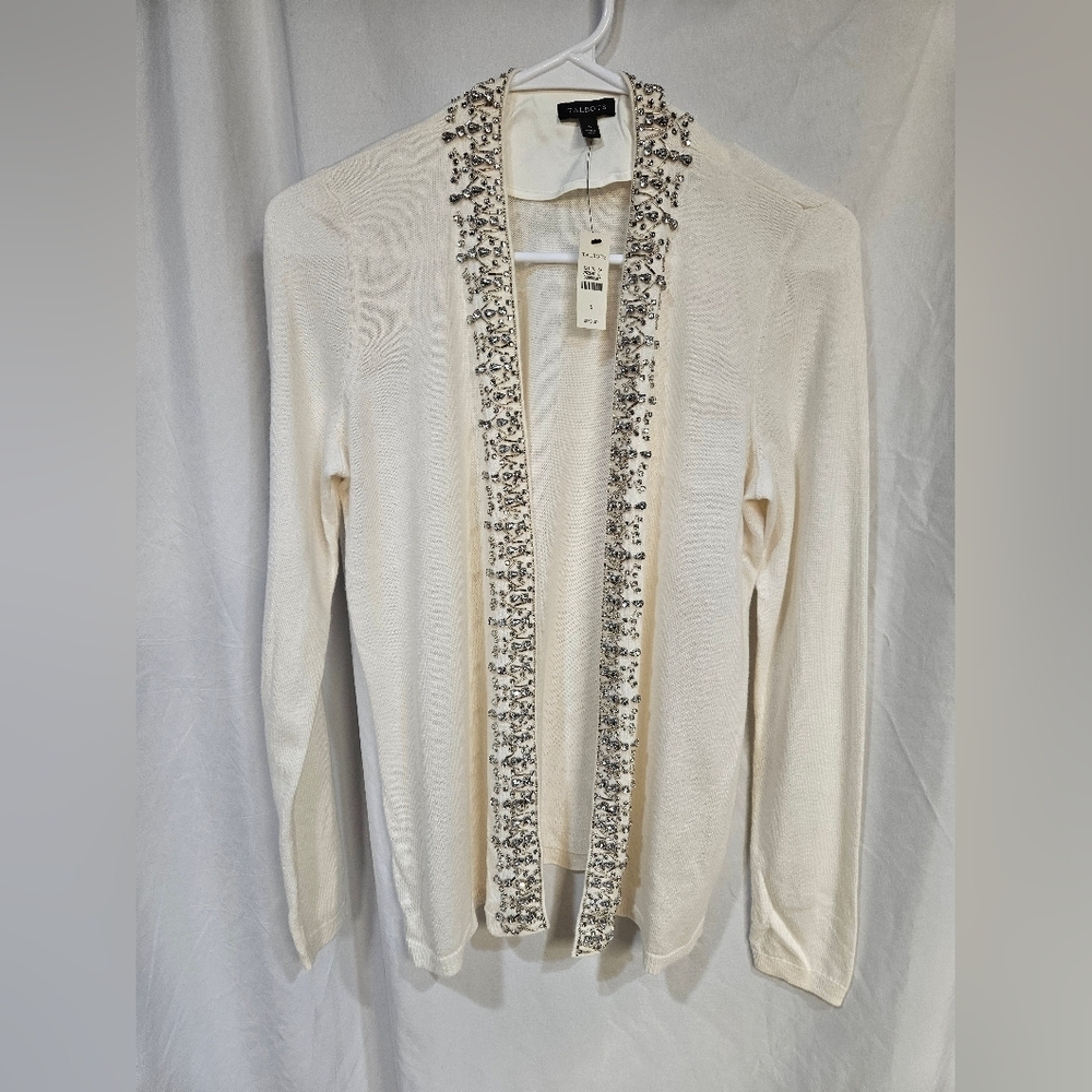 Talbots Womens Open Front Rhinestones Cardigan Sweaters Lambswool Size Small NWT